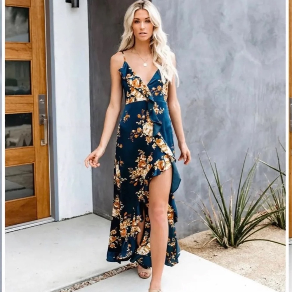 Vici Capriccio Satin Floral Ruffle Maxi